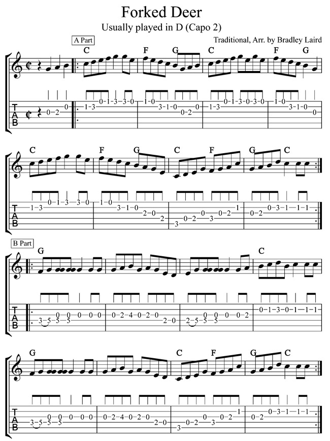 free guitar flatpicking bluegrass tablature forked deer